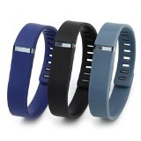 Henoda 3PCS Replacement Wristband with Clasps for Fitbit Flex Wireless Activity Sleep Band, (Set of 3 Band with 12 Piece Colorful Silicon Fastener Ring) (Black + Navy + Slate, Large)