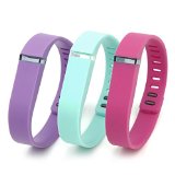 Henoda 3PCS Replacement Wristband with Clasps for Fitbit Flex Wireless Activity Sleep Band, (Set of 3 Band with 12 Piece Colorful Silicon Fastener Ring) (Purple + Pink + Teal, Small)