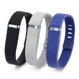 Henoda 3PCS Replacement Wristband with Clasps for Fitbit Flex Wireless Activity Sleep Band, (Set of 3 Band with 12 Piece Colorful Silicon Fastener Ring) (3D Version: Black+Gary+Navy, Large)