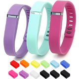 Henoda 3PCS Replacement Wristband with Clasps for Fitbit Flex Wireless Activity Sleep Band, (Set of 3 Band with 12 Piece Colorful Silicon Fastener Ring) (Purple + Pink + Teal, Large)