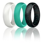 Silicone Wedding Ring For Women By ROQ, Affordable High Quality Silicone Rubber Wedding Bands, 3 Pack – Black with Glitter Teal, Teal Turquoise, White – Size 6