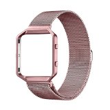 Fitbit Blaze Band Large (6.1-9.3 in), PUGO TOP Metal Frame Housing & Milanese Loop Stainless Steel Bracelet Strap Band for Fitbit Blaze Smart Fitness Watch, Rose Gold