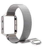 Fitbit Blaze Band Large (6.1-9.3 in), PUGO TOP Metal Frame Housing & Milanese Loop Stainless Steel Bracelet Strap Band for Fitbit Blaze Smart Fitness Watch, Silver