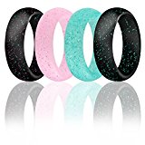 Silicone Wedding Ring For Women By ROQ, Set of 4 Silicone Rubber Wedding Bands – Black with Glitter Sparkle Teal and Pink, Glitter Teal Turquoise, Glitter Pink – Size 8