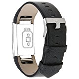 Henoda Genuine Leather Bands for Fitbit Charge 2, Charge 2 Strap Style (Black, Fit wrist size 6.1:” – 8.5″)