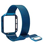 Fitbit Blaze Band Large (6.1-9.3 in), PUGO TOP Metal Frame Housing & Milanese Loop Stainless Steel Bracelet Strap Band for Fitbit Blaze Smart Fitness Watch, Blue