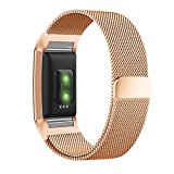 Fitbit Charge 2 Band, UMTELE Milanese Loop Stainless Steel Metal Bracelet Strap with Unique Magnet Lock, No Buckle Needed for Fitbit Charge 2 HR Fitness Tracker Rose Gold