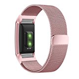 Fitbit Charge 2 Band, UMTELE Milanese Loop Stainless Steel Metal Bracelet Strap with Unique Magnet Lock, No Buckle Needed for Fitbit Charge 2 HR Fitness Tracker Pink Gold
