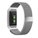 Fitbit Charge 2 Band, UMTELE Milanese Loop Stainless Steel Metal Bracelet Strap with Unique Magnet Lock, No Buckle Needed for Fitbit Charge 2 HR Fitness Tracker Silver