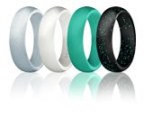 Silicone Wedding Ring For Women By ROQ, Set of 4 Silicone Rubber Wedding Bands – Black with Glitter Sparkle Teal, Teal Turquoise, White, Metal Look Silver – Size 4