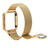 Fitbit Blaze Band Large (6.1-9.3 in), PUGO TOP Metal Frame Housing & Milanese Loop Stainless Steel Bracelet Strap Band for Fitbit Blaze Smart Fitness Watch, Gold