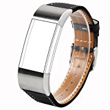 For Charge 2 Accessories Classic Bands, Wearlizer Lux Genuine Leather Replacement Strap For Sport Fitness Tracker Fitbit Charge 2 – Black