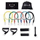 FITMYFAVO 12pc Resistance Band Set with 5 Stackable Resistance Bands,Door Anchor,2 Ankle Straps,2 Foam Handles and Exercise Guide