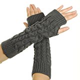 Flammi Women Cable Knit Arm Warmer Fingerless Gloves Thumb Hole Gloves Mittens (1 Pair, Grey)