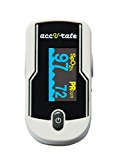 Acc U Rate Premium Fingertip Pulse Oximeter Blood Oxygen Saturation Monitor with black silicon cover, lanyard, pouch and batteries