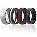 Silicone Wedding Ring For Men By ROQ, 4 Pack Silicone Rubber Band – Silver, Black, Black With Thin Red Stripe, Black With Silver Stripe, Size 10