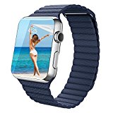 ISTYLE Apple Watch Band 38mm, Genuine Leather Loop with Magnet Lock Strap Replacement Band for iWatch Sport and Edition – 38mm Loop Leather Blue