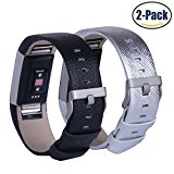 Hotodeal Genuine Leather Bands for Fitbit Charge 2, Comfortable Replacement Accessory Watchband, Pack of 2 (Black+Silver)