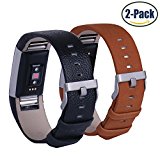 Hotodeal Genuine Leather Bands for Fitbit Charge 2, Comfortable Replacement Accessory Watchband, Pack of 2 (Black+Classic Brown)