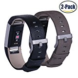 Hotodeal Genuine Leather Bands for Fitbit Charge 2, Comfortable Replacement Accessory Watchband, Pack of 2 (Black+Classic Gray)