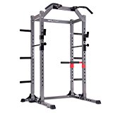 Body Power Deluxe Rack Cage System with Upgrades/Full-length Safety Bars, Silver/Gray/Black/Red