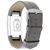 Henoda Genuine Leather Bands for Fitbit Charge 2, Charge 2 Strap Style (Gray, Fit wrist size 6″ – 8.5″)