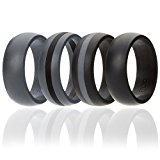 Silicone Wedding Ring For Men By ROQ, 4 Pack Silicone Rubber Band – Black, Black With Thin Grey Stripe, Grey With Black Stripe, Grey, Size 14