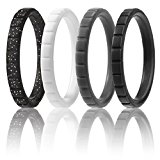 Silicone Wedding Ring For Women By ROQ, Set of 4 Thin Stackable Silicone Rubber Wedding Bands -Black, Grey, White, Black With Silver glitter – Size 6