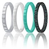 Silicone Wedding Ring For Women By ROQ, Set of 4 Thin Stackable Silicone Rubber Wedding Bands – Turquoise, White, Black with Turquoise Glitter, Silver – Size 7