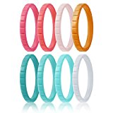 Silicone Wedding Ring For Women By ROQ, Set of 8 Thin Stackable Silicone Rubber Wedding Bands – 3 Shades of Turquoise,3 Shades of Pink, White, Gold – Size 6