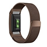 Replacement Bands/Fitness Accessory Band for Fitbit Charge 2/Fitbit Charge 2 HR, Adjustable Stainless Steel Milanese Metal Bracelet Strap/Wrist bands with Unique Magnet Clasp Large Small,Coffee