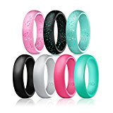 Egnaro Silicone Wedding Rings – 7 Rings Pack – Design For Women Size 4 – 8 , Glitter Pink,Glitter Green ,Glitter Black ,Black , Light Grey,Rose Red , Green (7.5-8(18.1mm))