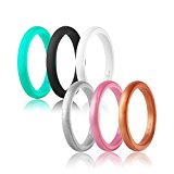 Women’s Thin and Stackable Silicone Wedding Ring,6 Ring Pack (Black,White,Silver,Rose Gold,Turquoise,Copper, 4)