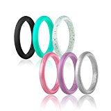 Women’s Thin and Stackable Silicone Wedding Ring,4 & 6 Packs (Black,Silver,Turquoise,Rose Gold,Metallic Purple,Turquoise Glitter, 4)