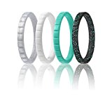 Silicone Wedding Ring For Women By ROQ, Set of 4 Thin Stackable Silicone Rubber Wedding Bands – Turquoise, White, Black with Turquoise Glitter, Silver – Size 8