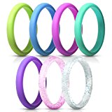 ThunderFit Women’s Thin and Stackable Silicone Rings Wedding Bands – 7 Pack (Deep Pink, Purple, Blue, Lawn Green, Turquoise, Turquoise Glitter, and Red Glitter, 4.5 – 5 (15.7mm))