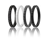 Silicone Wedding Ring For Women By ROQ, Set of 4 Thin Stackable Silicone Rubber Wedding Bands -Black, Grey, White, Black With Silver glitter – Size 8