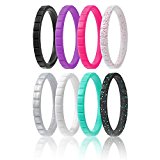Silicone Wedding Ring For Women By ROQ, Set of 8 Thin Stackable Silicone Rubber Wedding Bands – Turquoise, Pink, Purple, Black, White, Silver, Black/Turquoise Glitter, White/Pink Glitter – Size 11