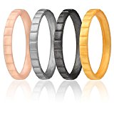 Silicone Wedding Ring For Women By ROQ, Set of 4 Thin Stackable Silicone Rubber Wedding Bands – Rose Gold, Gold, Silver, Black Metalic – Size 7