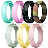 ThunderFit Silicone Rings, 7 Pack Wedding Bands for Women – 5.5 mm wide (Camo, Glitter-Pink, Light Pink,Dark Pink, Neon,Yellow, Teal, Black, 6.5 – 7 (17.3mm))