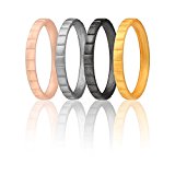 Silicone Wedding Ring For Women By ROQ, Set of 4 Thin Stackable Silicone Rubber Wedding Bands – Rose Gold, Gold, Silver, Black Metalic – Size 6