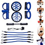 EXEFIT Exercise Resistance Bands,Ab Wheels,Chest Expander,Push Up Stand,Leg and Arm Trainer Fully Body Fitness Exercise Workouts 5 in 1 set.(BLUE)