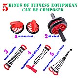 EXEFIT Exercise Resistance Bands,Ab Wheels,Chest Expander,Push Up Stand,Leg and Arm Trainer Fully Body Fitness Exercise Workouts 5 in 1 set.(RED)