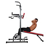 ZELUS Multifunctional Power Tower Pull up Standing Power Tower Dip Station Adjustable Height w/ Speed Ball & Boxing Gloves or Sit up Bench for Indoor Home Gym Fitness (Power Tower with Bench)