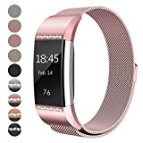 For Fitbit Charge 2 Bands Small and Large for Women Men, hooroor Milanese Loop Stainless Steel Metal Strap with Unique Magnet Lock (Rose Pink Band with Pink Diamond, Small Size 5.3″ – 7.5″)