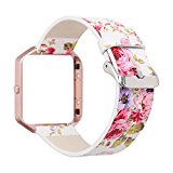 Replacement Band for Fitbit Blaze, Watchband Floral Soft Leather Strap Replacement Watch Band Wristband Bracelet Strap and Frame for Fitbit Blaze (White Pink+ Rose Pink Frame)