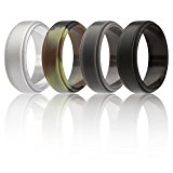Silicone Wedding Ring For Men By ROQ, 4 Pack Silicone Rubber Band Step Edge – Black, Grey, Camo, Silver – Size 12