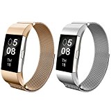 Fitbit Charge2 Bands,AIUNIT Alta HR Milanese Loop Stainless Steel Metal Replacement Accessories Wristband with Magnet Lock for Fitbit Charge2 HR and Fitbit Charge2 Large 2pack RoseGold+Silver