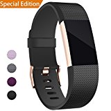 For Fitbit Charge 2 Band, Hotodeal Classic Soft TPU Adjustable Replacement Bands Fitness Sport Strap for Fitbit Charge 2, Rose Gold Buckle, Large Black
