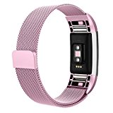 AK Fitbit Charge 2 Bands, Adjustable Milanese Stainless Steel Metal Band Strap with Magnetic Closure Clasp for Fit bit Charge 2 HR Fitness Tracker (#Sakura Pink, Large)